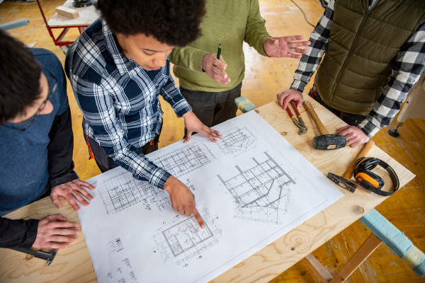 Group of architects observing home renovation plans.