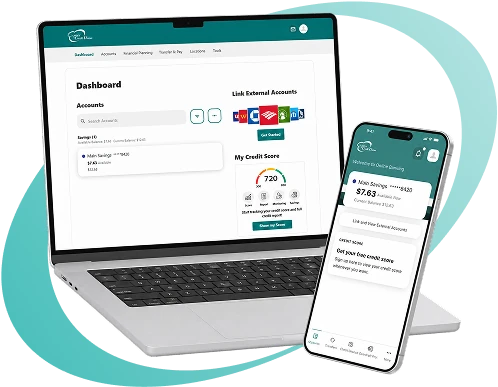 QCU’s new digital banking dashboard shown on a laptop and smartphone